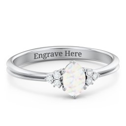 Solitaire Oval with Triple Accents Ring in 925 Sterling Silver with Opal, White Premium Zirconia, and Diamond