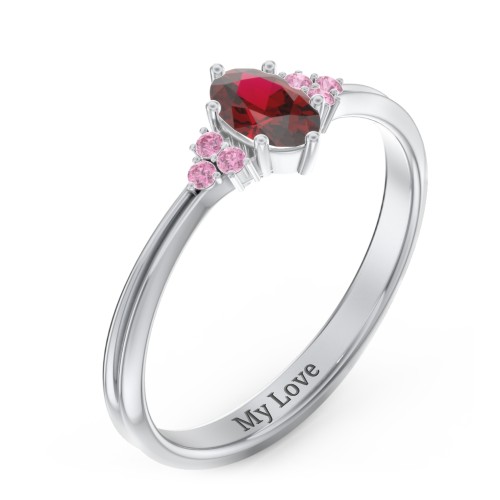 Solitaire Oval with Triple Accents Ring – Sterling Silver with Garnet and Red Premium Zirconia