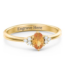 Solitaire Oval with Triple Accents Ring in 10K Solid Yellow Gold with Citrine, White Premium Zirconia, and Cubic Zirconia