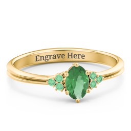 Solitaire Oval with Triple Accents Ring in 10K Solid Yellow Gold with Emerald, Green Premium Zirconia, and Cubic Zirconia