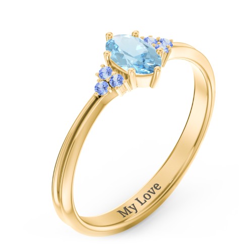Solitaire Oval with Triple Accents Ring – 10K Yellow Gold with Blue Topaz and Fancy Blue Premium Zirconia