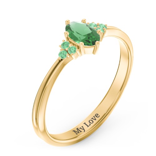 Solitaire Oval with Triple Accents Ring – 10K Yellow Gold with Emerald and Green Premium Zirconia