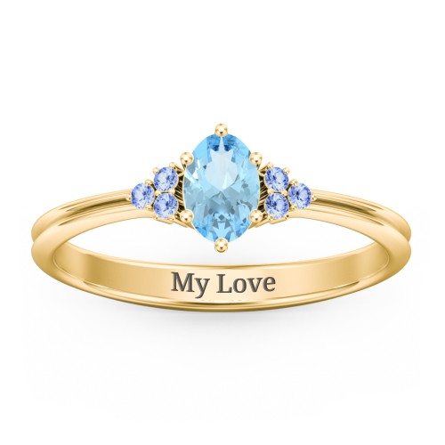 Solitaire Oval with Triple Accents Ring – 10K Yellow Gold with Blue Topaz and Fancy Blue Premium Zirconia