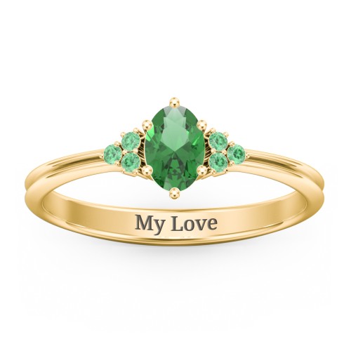 Solitaire Oval with Triple Accents Ring – 10K Yellow Gold with Emerald and Green Premium Zirconia