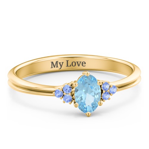 Solitaire Oval with Triple Accents Ring – 10K Yellow Gold with Blue Topaz and Fancy Blue Premium Zirconia