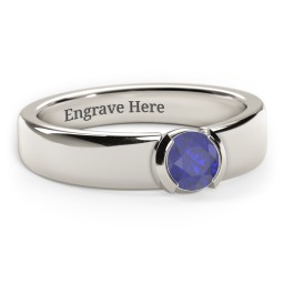 Half Bezel Set Round Stone Ring with Wide Band in 10K Solid White Gold