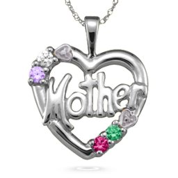 "Mother" Cut-Out with 2-6 Stones Heart Pendant