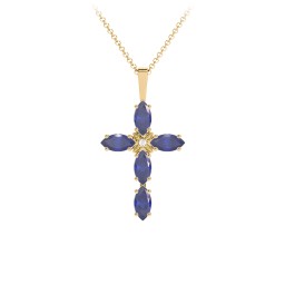 Marquise Cross Pendant in 18K Gold Plated Silver with Blue Sapphire and Cubic Zirconia