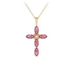 Marquise Cross Pendant in 18K Gold Plated Silver with Pink Tourmaline and Cubic Zirconia