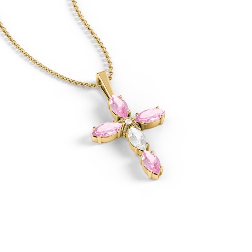 Marquise Cross Pendant – 18K Gold Plated Silver with Pink Tourmaline and Cubic Zirconia