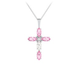 Marquise Cross Pendant in 925 Sterling Silver with Pink Tourmaline and Cubic Zirconia