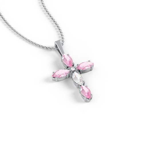 Marquise Cross Pendant – Sterling Silver with Pink Tourmaline and Cubic Zirconia