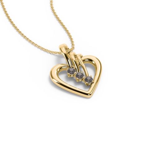 Triple Stone Heart Pendant – 18K Gold Plated Silver with Smokey Quartz
