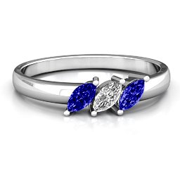 Grand Marquise Trio Ring in 10K Solid White Gold with Blue Sapphire and Cubic Zirconia