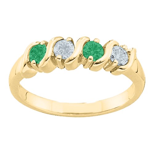 2-6 Gemstones S-Curve Ring – 10K Yellow Gold with Emerald and Cubic Zirconia