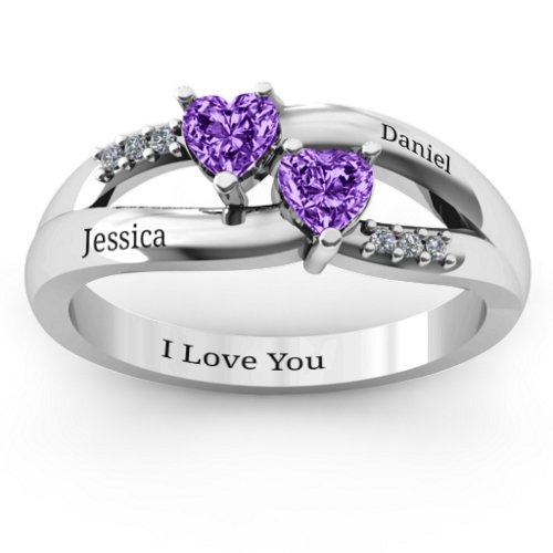 Dual Heart Gemstone Ring with Diamond Accents