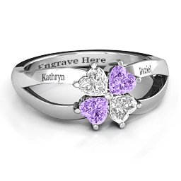 Engravable Clover Heart Cut Gemstone Ring with Split Shank in 925 Sterling Silver with Cubic Zirconia and Amethyst