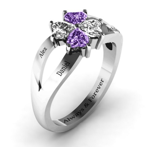 Engravable Clover Heart Cut Gemstone Ring with Split Shank – 10K White Gold with Cubic Zirconia and Amethyst