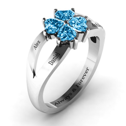 Engravable Clover Heart Cut Gemstone Ring with Split Shank