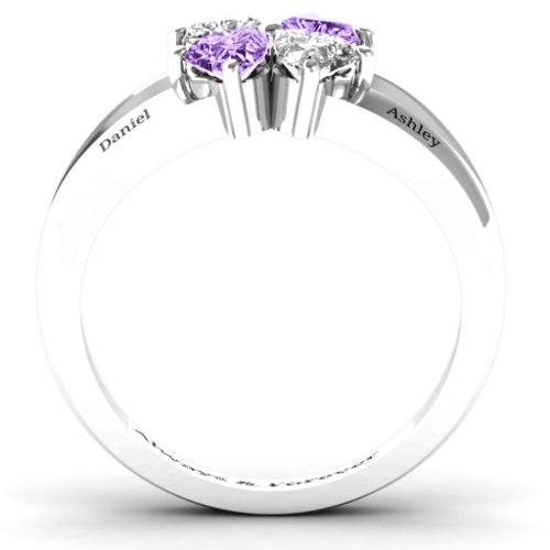 Engravable Clover Heart Cut Gemstone Ring with Split Shank – 10K White Gold with Cubic Zirconia and Amethyst