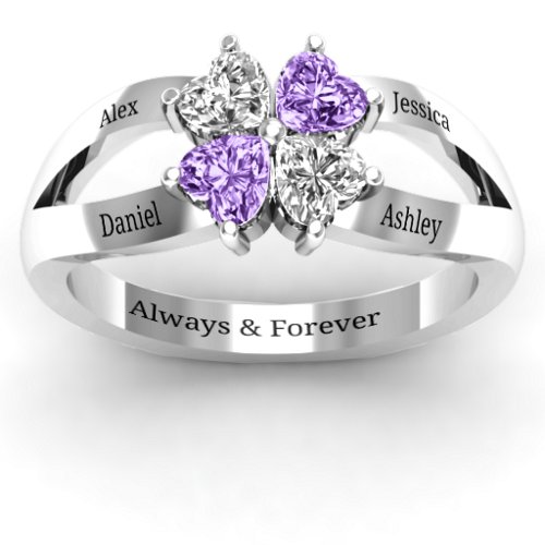 Engravable Clover Heart Cut Gemstone Ring with Split Shank – 10K White Gold with Cubic Zirconia and Amethyst