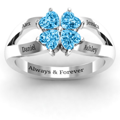 Engravable Clover Heart Cut Gemstone Ring with Split Shank