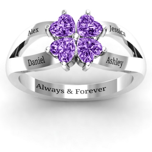 Engravable Clover Heart Cut Gemstone Ring with Split Shank