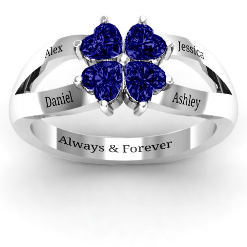 Engravable Clover Heart Cut Gemstone Ring with Split Shank