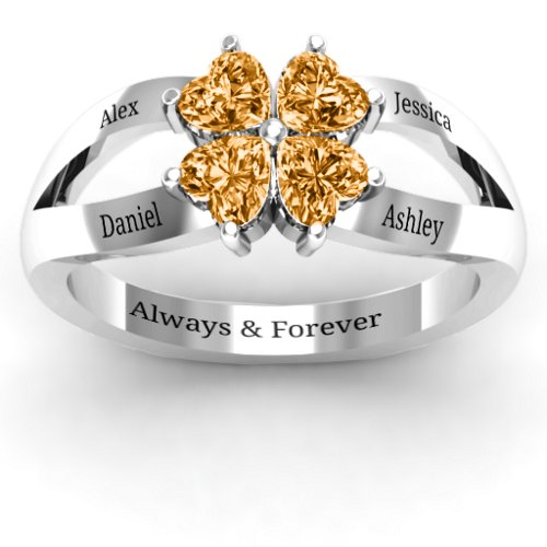 Engravable Clover Heart Cut Gemstone Ring with Split Shank