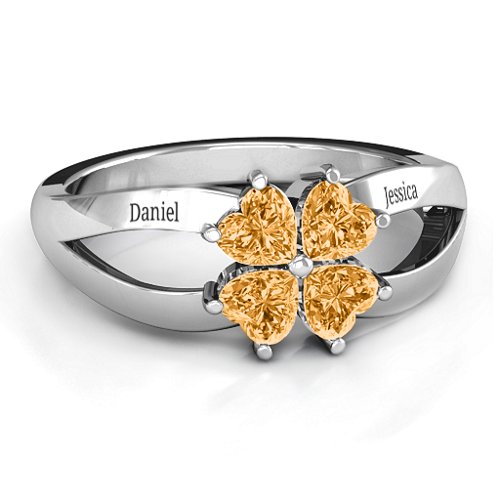 Engravable Clover Heart Cut Gemstone Ring with Split Shank