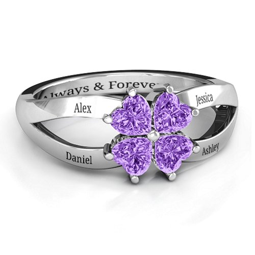 Engravable Clover Heart Cut Gemstone Ring with Split Shank