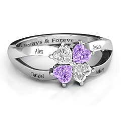 Engravable Clover Heart Cut Gemstone Ring with Split Shank – 10K Rose Gold with Cubic Zirconia and Amethyst