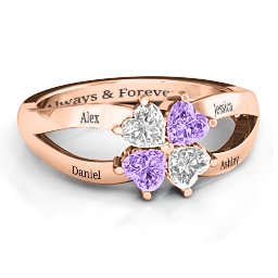 Engravable Clover Heart Cut Gemstone Ring with Split Shank in 10K Solid Rose Gold with Cubic Zirconia and Amethyst
