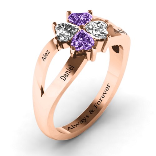 Engravable Clover Heart Cut Gemstone Ring with Split Shank – 10K Rose Gold with Cubic Zirconia and Amethyst