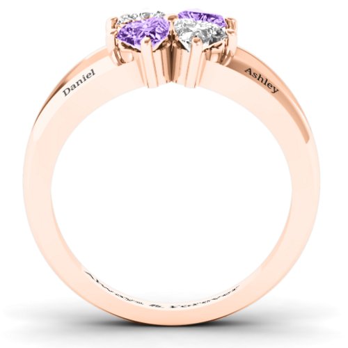 Engravable Clover Heart Cut Gemstone Ring with Split Shank – 10K Rose Gold with Cubic Zirconia and Amethyst