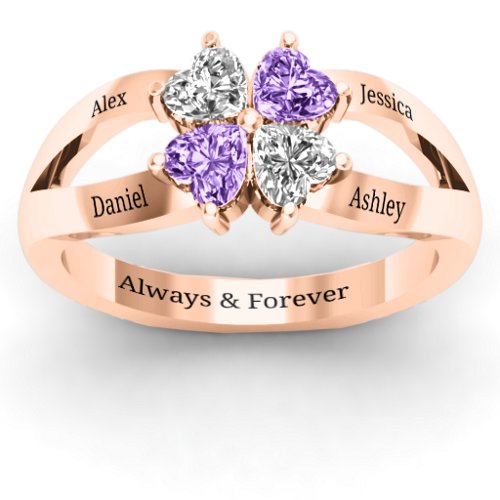 Engravable Clover Heart Cut Gemstone Ring with Split Shank – 10K Rose Gold with Cubic Zirconia and Amethyst