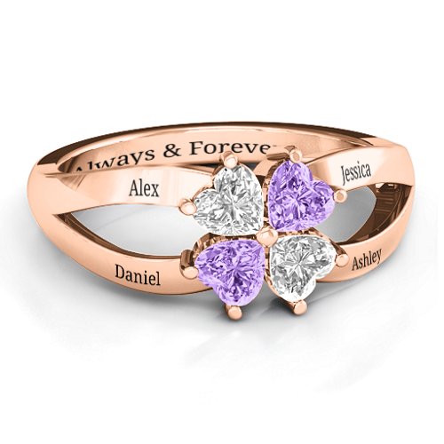 Engravable Clover Heart Cut Gemstone Ring with Split Shank – 10K Rose Gold with Cubic Zirconia and Amethyst