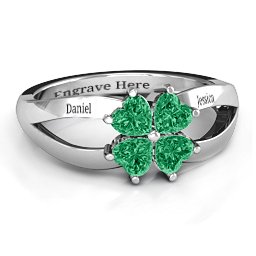 Engravable Clover Heart Cut Gemstone Ring with Split Shank in 925 Sterling Silver with Emerald