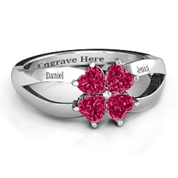 Engravable Clover Heart Cut Gemstone Ring with Split Shank in 925 Sterling Silver with Ruby