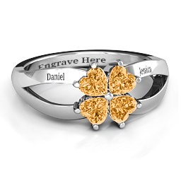 Engravable Clover Heart Cut Gemstone Ring with Split Shank in 925 Sterling Silver with Citrine