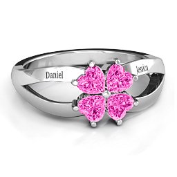 Engravable Clover Heart Cut Gemstone Ring with Split Shank in 925 Sterling Silver with Pink Tourmaline