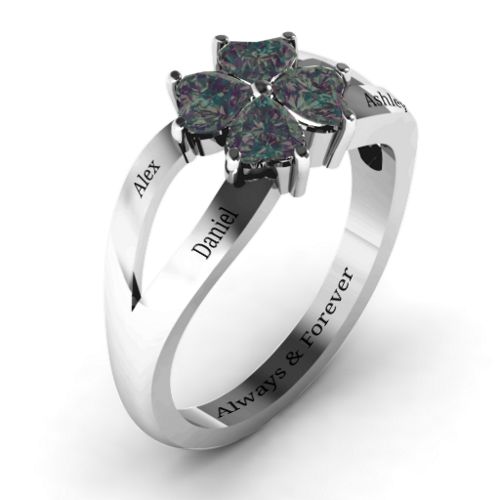 Engravable Clover Heart Cut Gemstone Ring with Split Shank – Sterling Silver with Alexandrite