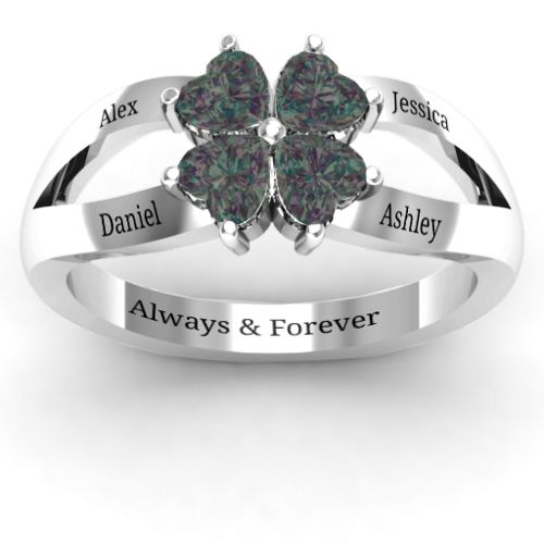 Engravable Clover Heart Cut Gemstone Ring with Split Shank – Sterling Silver with Alexandrite