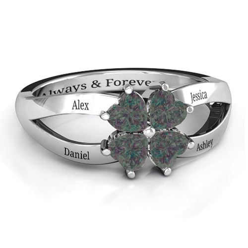 Engravable Clover Heart Cut Gemstone Ring with Split Shank – Sterling Silver with Alexandrite