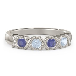 Hugs & Kisses XOXO Ring with 2-5 Stones in 10K Solid White Gold with Blue Sapphire and Aquamarine