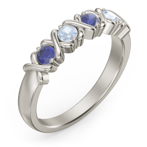 Hugs & Kisses XOXO Ring with 2-5 Stones – 10K White Gold with Blue Sapphire and Aquamarine