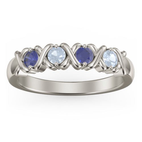 Hugs & Kisses XOXO Ring with 2-5 Stones – 10K White Gold with Blue Sapphire and Aquamarine