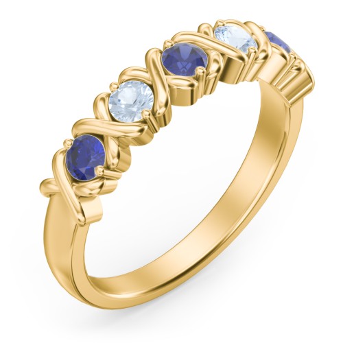 Hugs & Kisses XOXO Ring with 2-5 Stones – 10K Yellow Gold with Blue Sapphire and Aquamarine