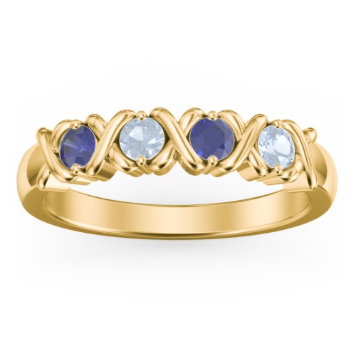 Hugs & Kisses XOXO Ring with 2-5 Stones – 10K Yellow Gold with Blue Sapphire and Aquamarine
