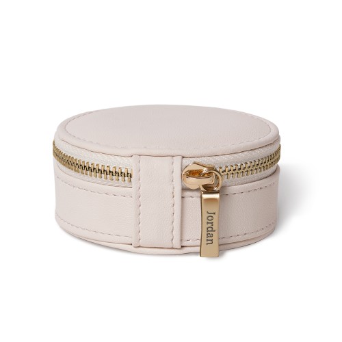 Engravable Round Jewelry Travel Case in Cream